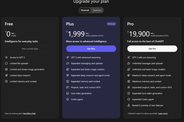 chatgpt pricing plans INR currency